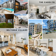 A collage showing the interior and exterior of Belterra Village in Austin, Texas, and the Carolyn in Las Colinas, Texas.
